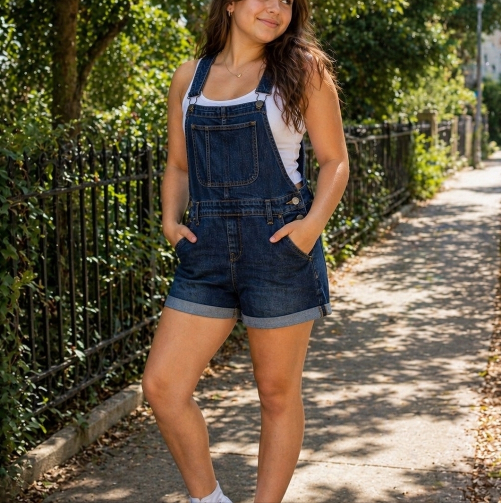 Old Navy Dark Wash Denim Short Overalls Kids Large Blue Casual Summer